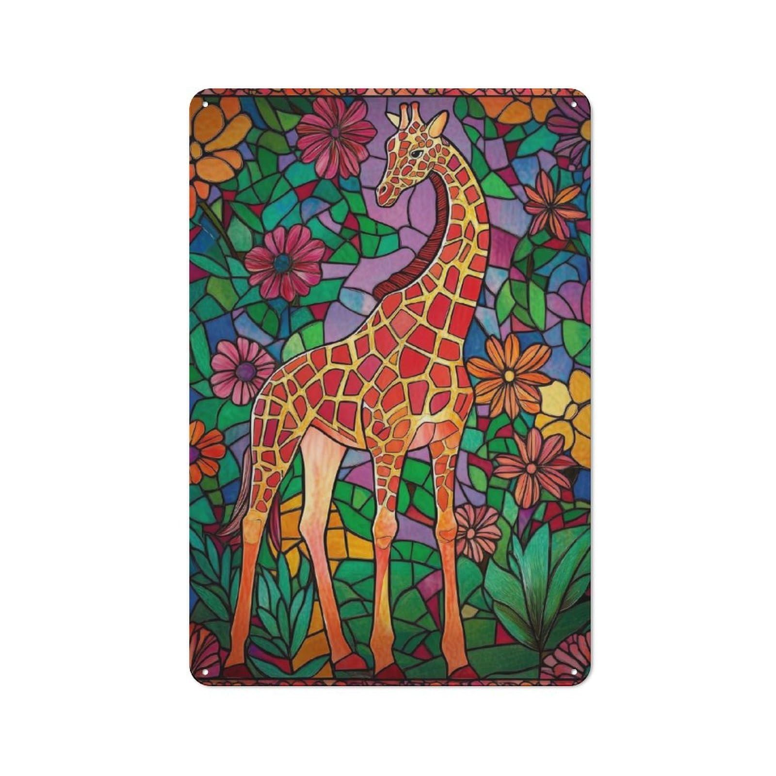 Junmoney Giraffe In Floral Mosaic Bistro Style Decorative Metal Plaque 30X20cm, Bistro Wall Plaque For Tea Room, Shop Wall Or Breakfast Area