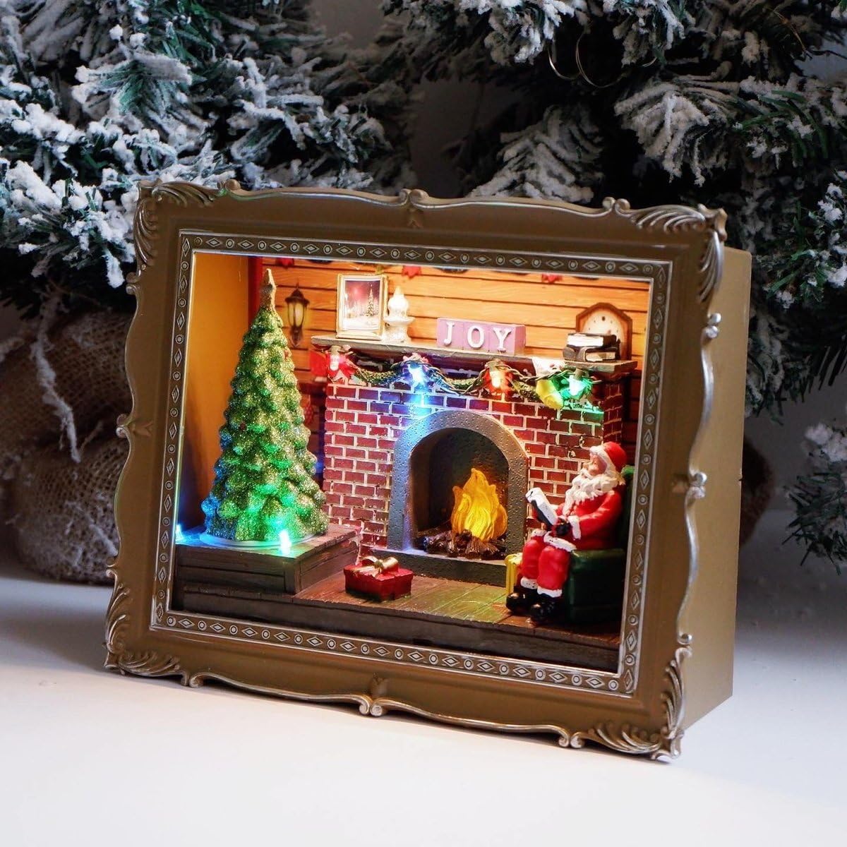 Boîte à ombres de Noël avec village animé et LED en résine pour table