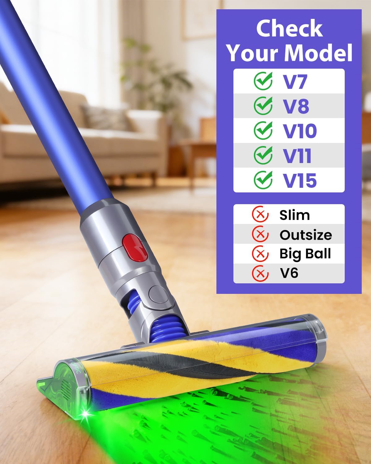 Dust Detection Soft Roller Power Head Compatible with Dyson Vacuum V7 V8 V10 V11 V15, Motorized Vacuum Cleaner Head for Hard Floors, Quiet & Lightweight Replacement Head
