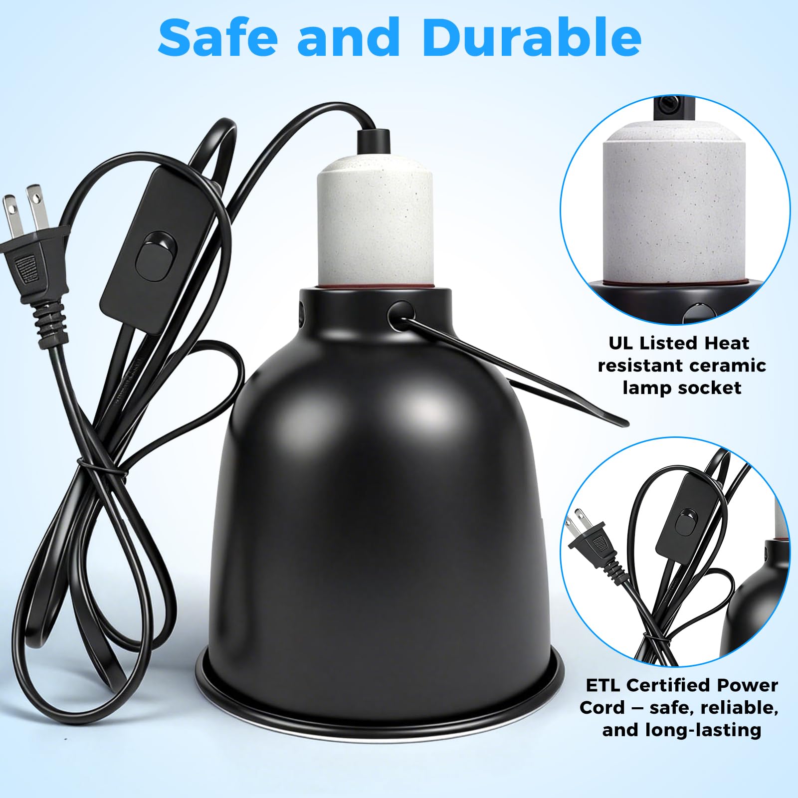 5.5 Inch Reptile Deep Dome Light Fixture - UVB Heat Lamp Holder with Ceramic Socket for Bearded Dragons, Geckos, Turtles - Hanging Hook Design with Safety Switch for Terrarium Lighting - image 3