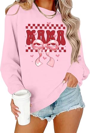 Mama Sweatshirt Women Valentines Shirt Red Hearts In Mama Graphic Sweater Mother Gift Pullover Tops