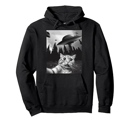 Funny Cat Selfie with UFOs Pullover Hoodie