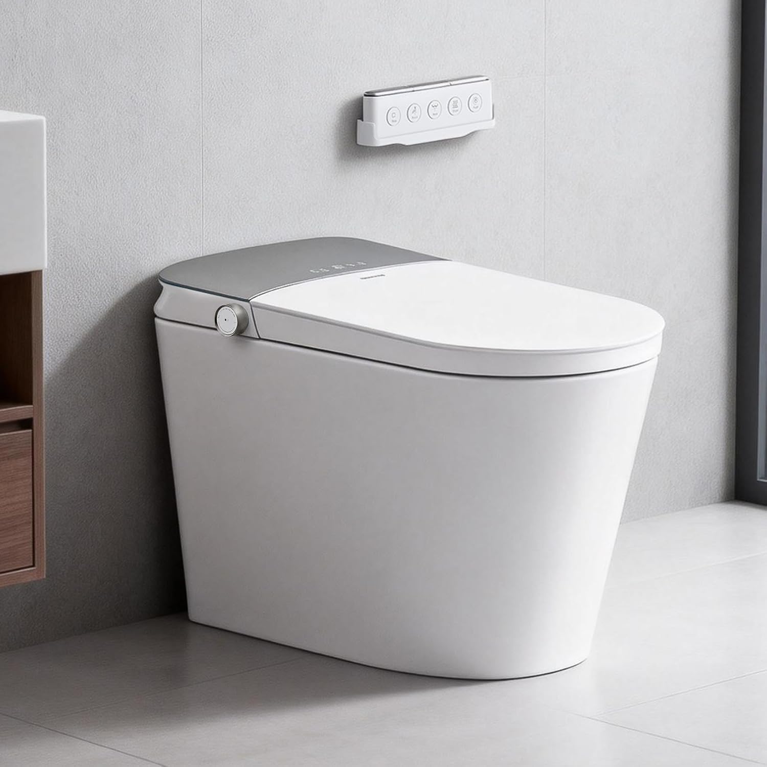 Smart Toilet with Built-in Tank and Pump - Foot Sensor Open Lid & Seat, Automatic Flush Bidet Toilet, Elongated One Piece Electric Toilet with Heated Seat, Instant Warm Water, Air Dryer