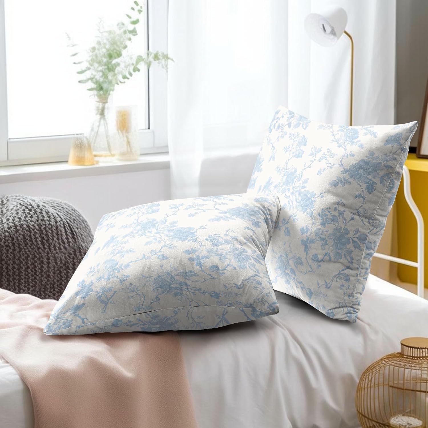 Baby Blue Floral Pillow Covers 18x18 Inch Modern Neutral Light Blue and Cream Flower Decorative Throw Pillows Set of 2 Vintage Rustic Farmhouse Chinoiserie Pillowcases for Couch image 5