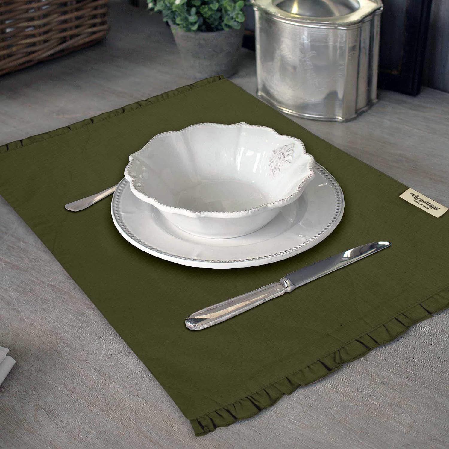 Dark Olive Green Home Decor Cotton Flex Reversible Fabric Frill Placemats Table Dining Mats-Set of 4