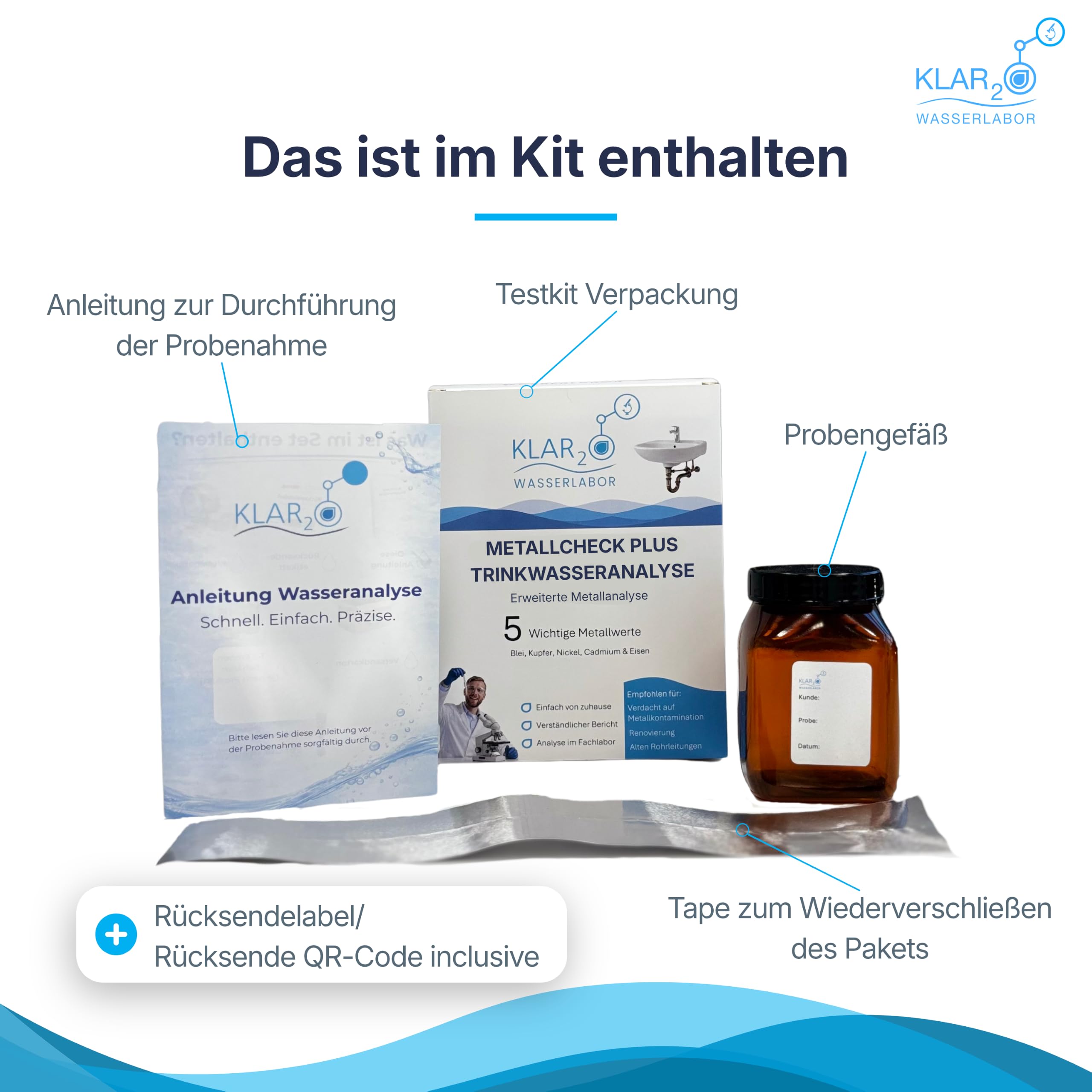 Trinkwasser Wassertest MetallCheck Plus: Laboranalyse auf Blei, Cadmium, Kupfer, Nickel & Eisen im Leitungswasser