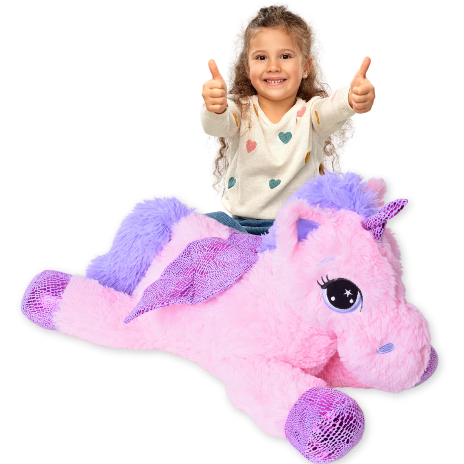 TE-Trend Peluche Cavallo Unicorno Sdraiato 60cm Fucsia O Bianco Con Lilla Applicazioni E Ali - rosa