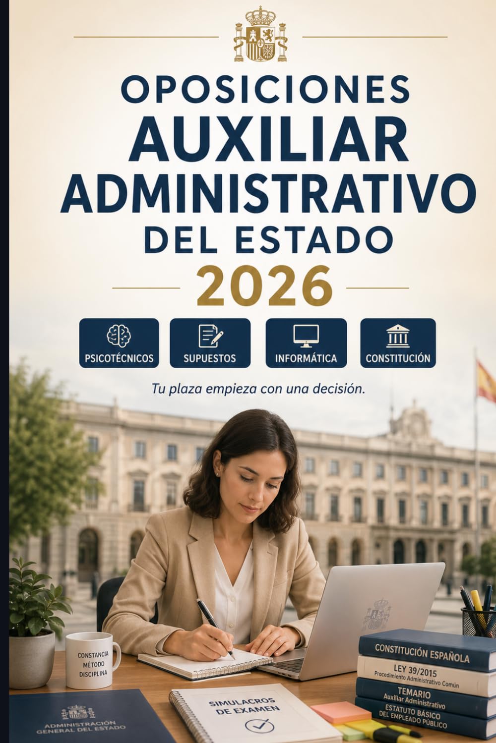 Oposiciones Auxiliar Administrativo del Estado 2026: Temario, test, psicotécnicos, informática, Constitución, procedimiento administrativo y simulacros para aprobar la AGE C2
