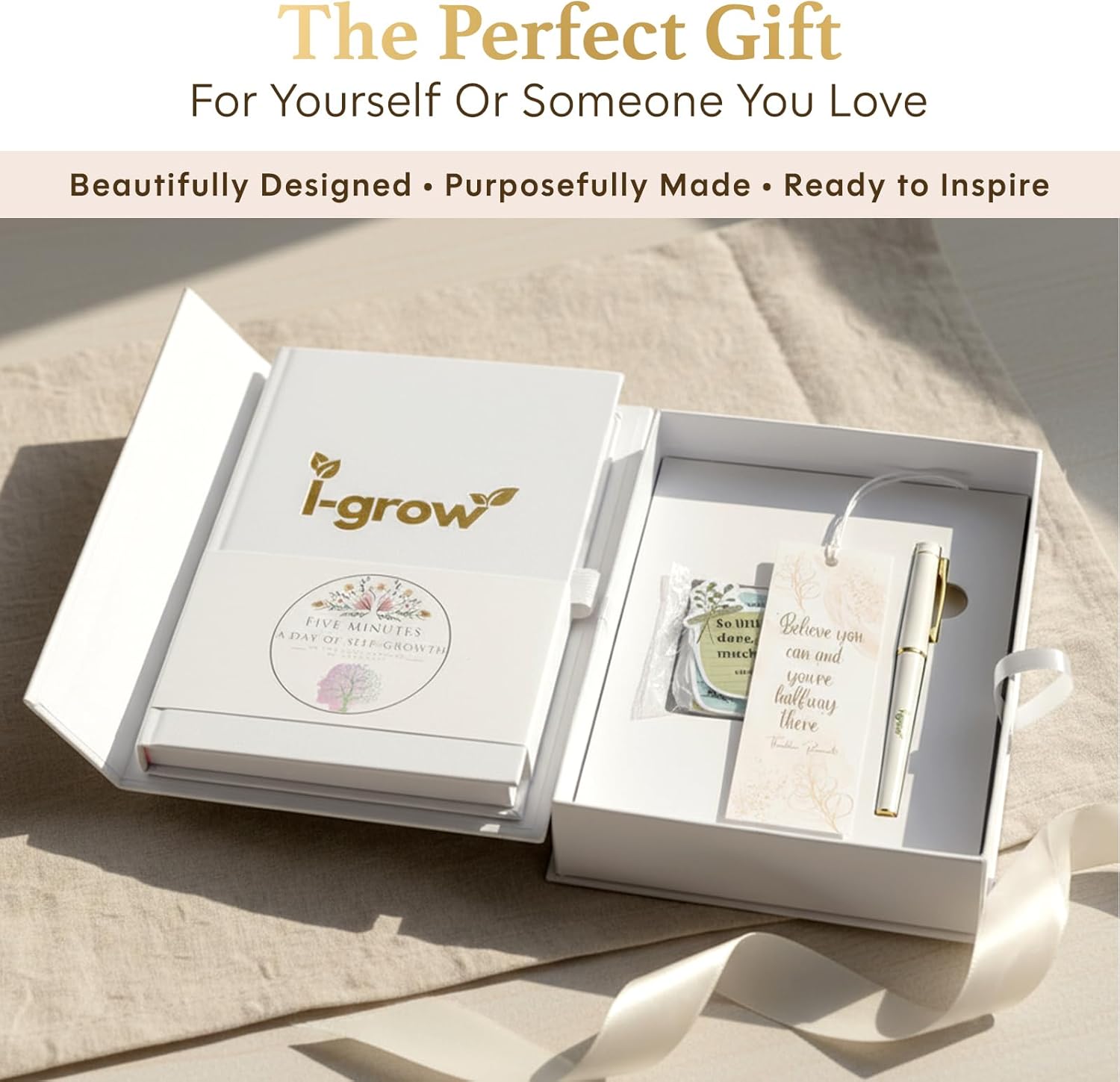 Gratitude Journal for Women (White) - A5 Hardcover Aesthetic Prompt Journal with Gift Box & Pen - 5 Minute Practice for Manifestation, Reflection & Happiness - Includes Stickers & Bookmark - 2026 Gift Set
