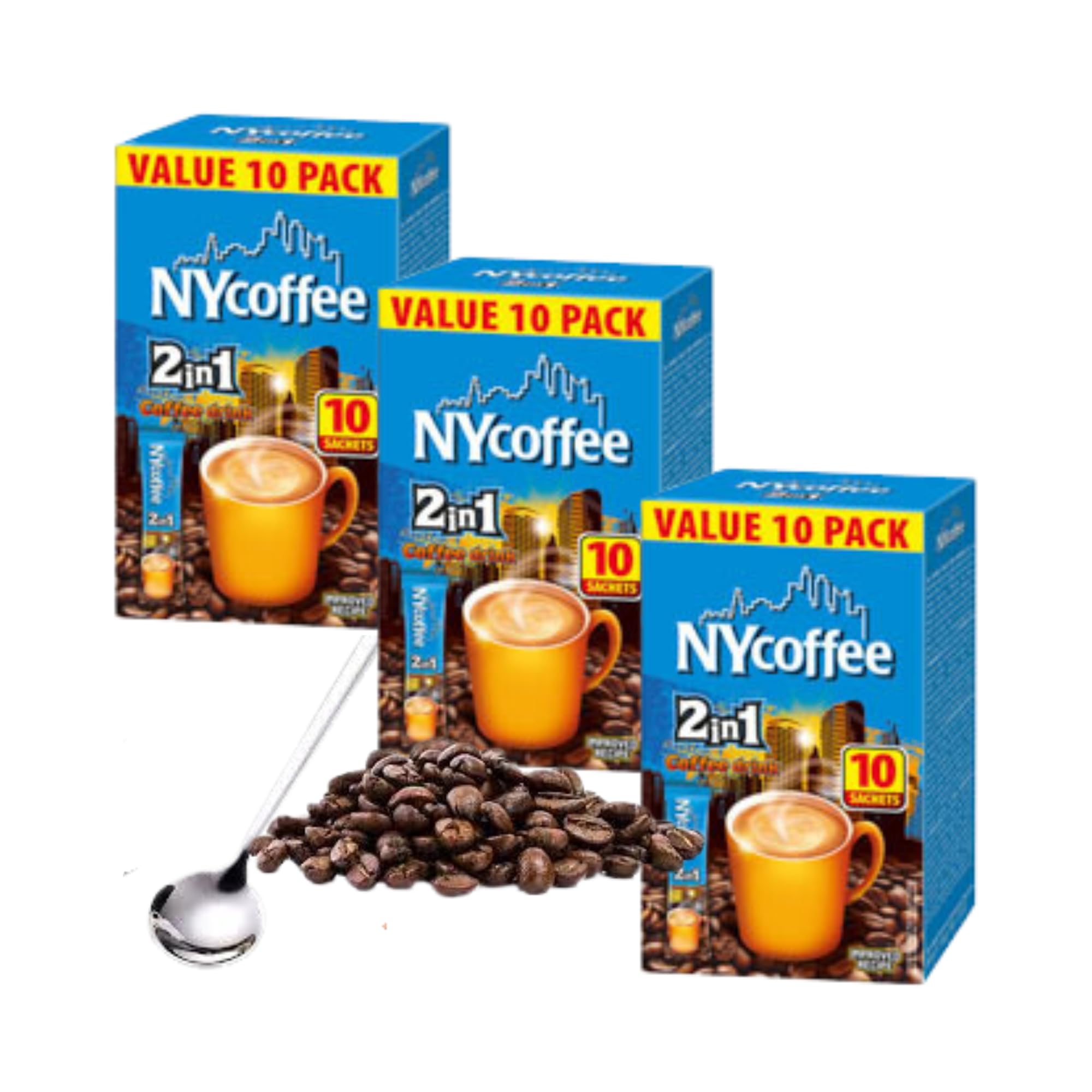 NY 2-in-1 Instant Coffee Sachets with Milk 30 x 14g Packets Bundle with Rainbow Gifts Latte Spoon