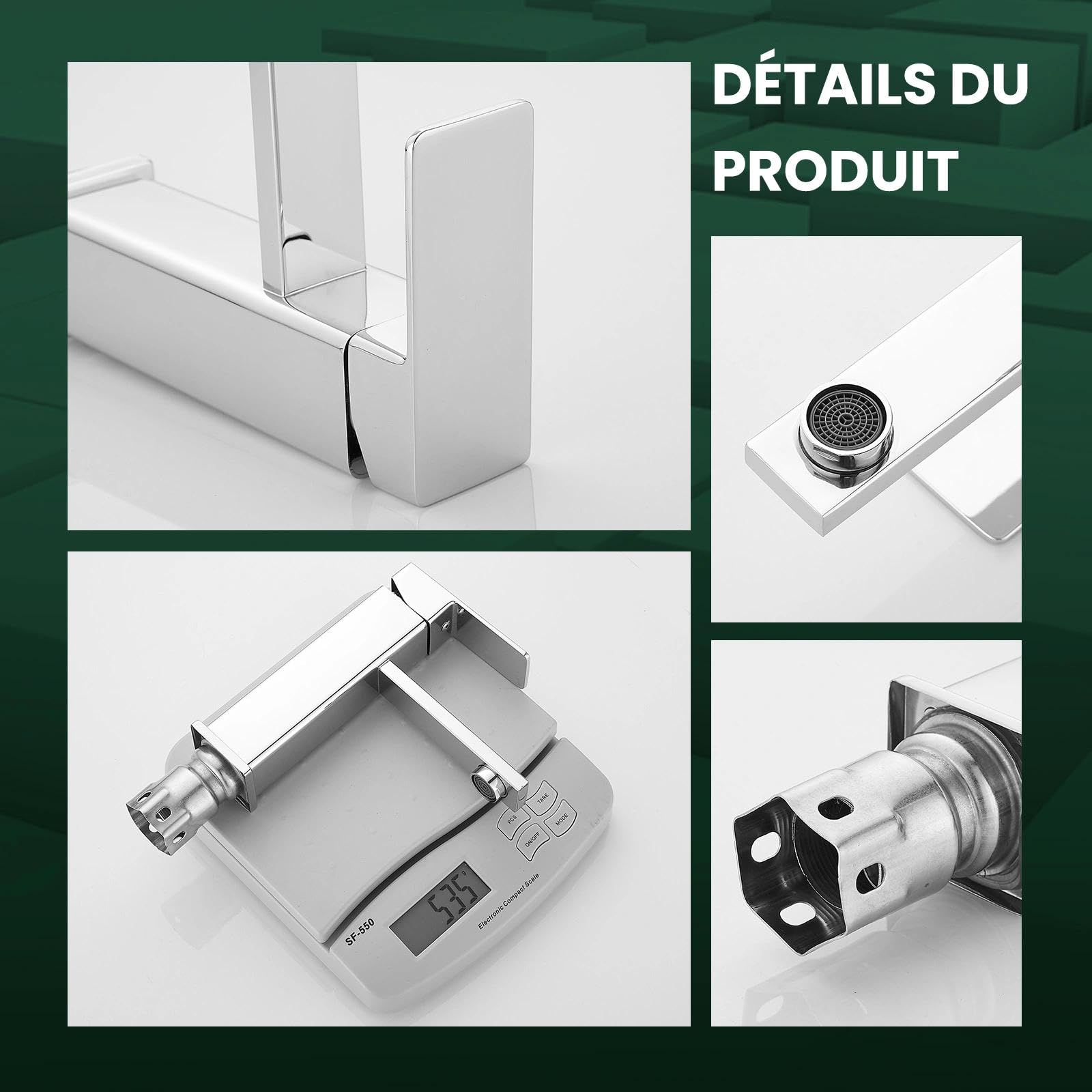 Mitigeur de lavabo à un trou, forme carrée, chorm, monocommande avec cartouche céramique, en acier inoxydable（2,chorm,avec groupe de vidage)