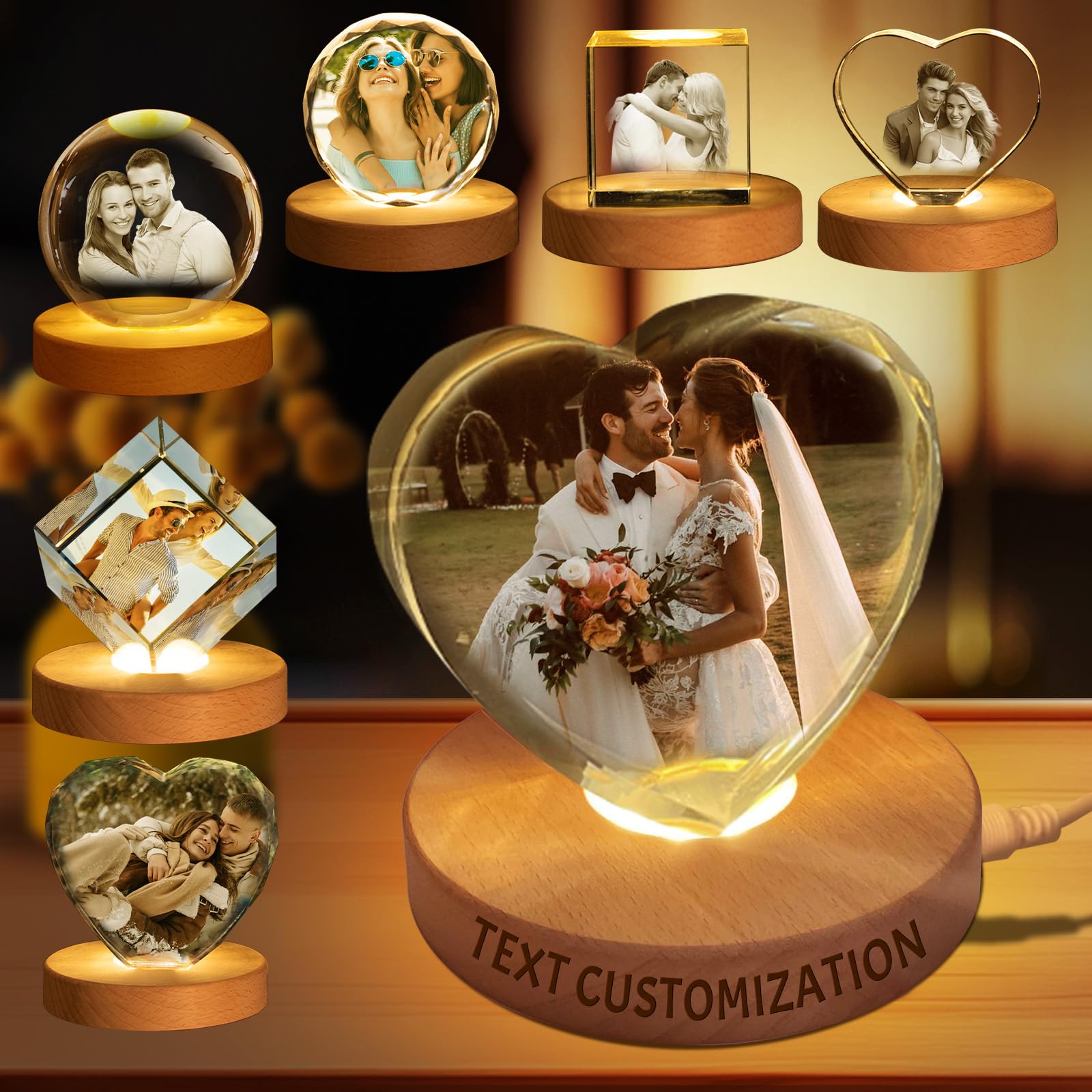 Custom 3D Crystal Ball Night Light – Personalized Photo with Wooden Base – Engraved Gift for Birthday, Wedding, Graduation, and Special Occasions (Pressed Corner Love Heart)