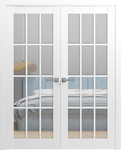 Felicia 3355 - Puertas dobles francesas macizas de vidrio transparente de 56 x 80 pulgadas, 3 lites, seda blanca Felicia 3355, bordes de marco de