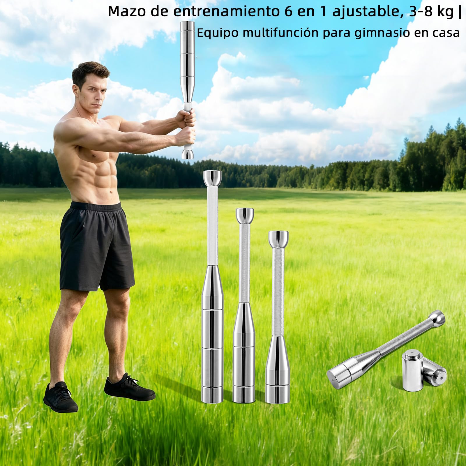 Verstellbare Keule 3-8 kg, 6-in-1 Multifunktionaler Trainingsstab/Kurzhantel für Home Gym, Platzsparende Hantelstange für Krafttraining, Muskelaufbau & Rehabilitation für Anfänger und Profis