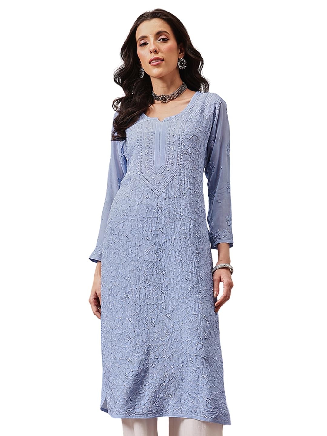 Ada Women's Georgette Straight Fit Straight Hand Embroidered Lucknowi Chikankari Viscose Kurta Kurti A411333