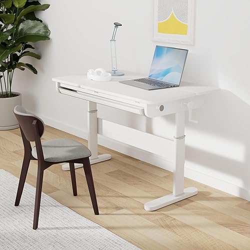 Miniatura 26 de FCD Escritorio ergonómico de madera de altura ajustable para niños con silla, mesa de dibujo, estación de computadora, estantería integrada