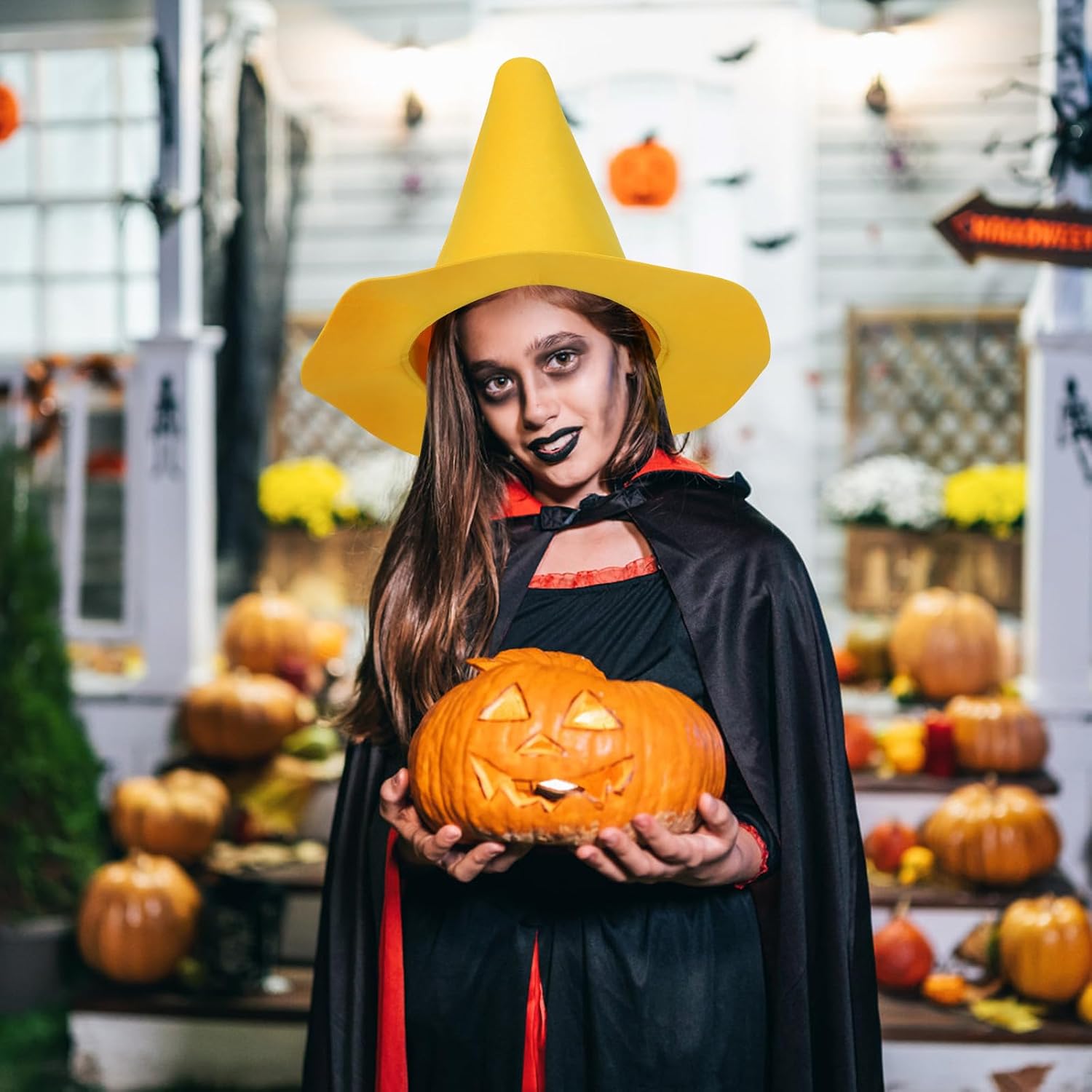 NUOBESTY Halloween Cosplay Witch Hat, Yellow Felt Cloth, 14. 56 X 14. 56 X 10. 82 Inch, Halloween Costume Accessory, Party Decor