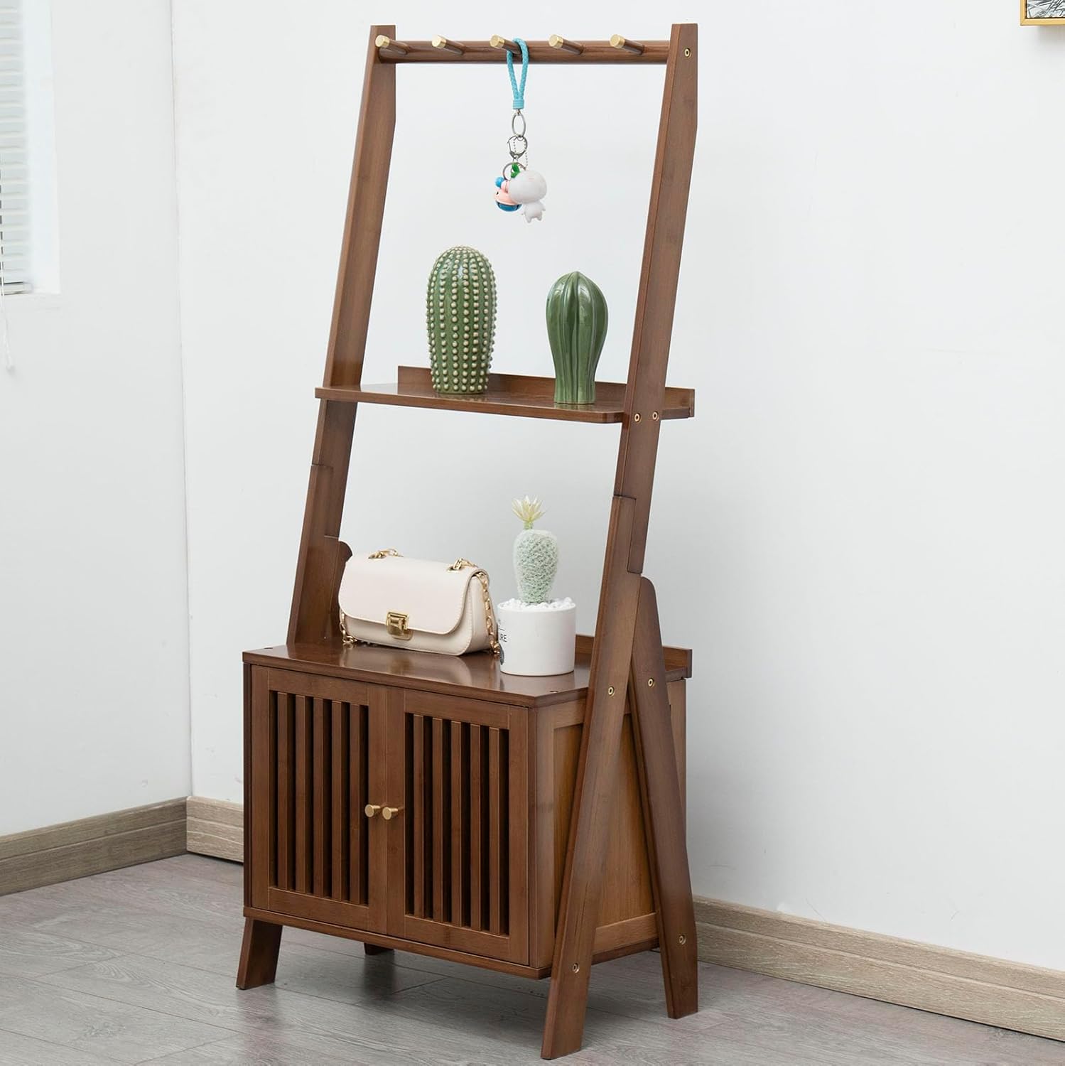 Bookshelf & 5-Tier Bamboo Ladder Shelf & 59.4” Book Shelf Bookcase Floor Freestanding Multipurpose Bamboo Storage Rack Furniture for Home Office, Living Room, Kitchen, Office（Natural）