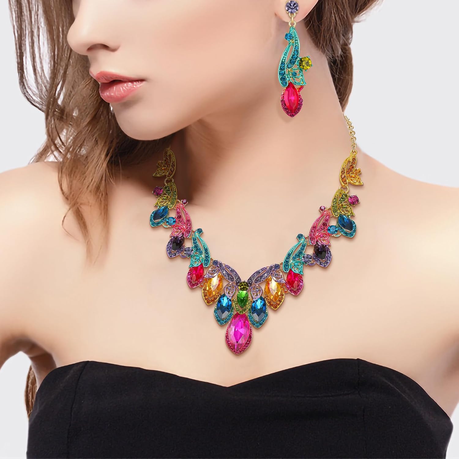 BriLove Women's Wedding Jewelery Set Leaf Flower Shiny Gorgeous Marquise Crystal Cluster Pendant Necklace Dangle Earrings for Bridal Party Prom Accessories