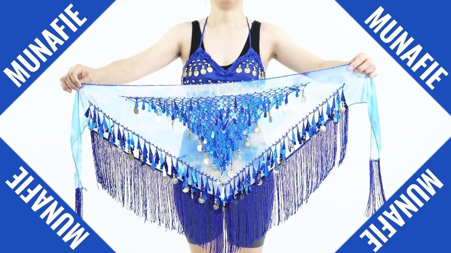 MUNAFIE Belly Dance Hip Scarf with Tassels Sequins, Triangle Coins Wrap Skirt Music Festival Clothing Skirt - Image 9