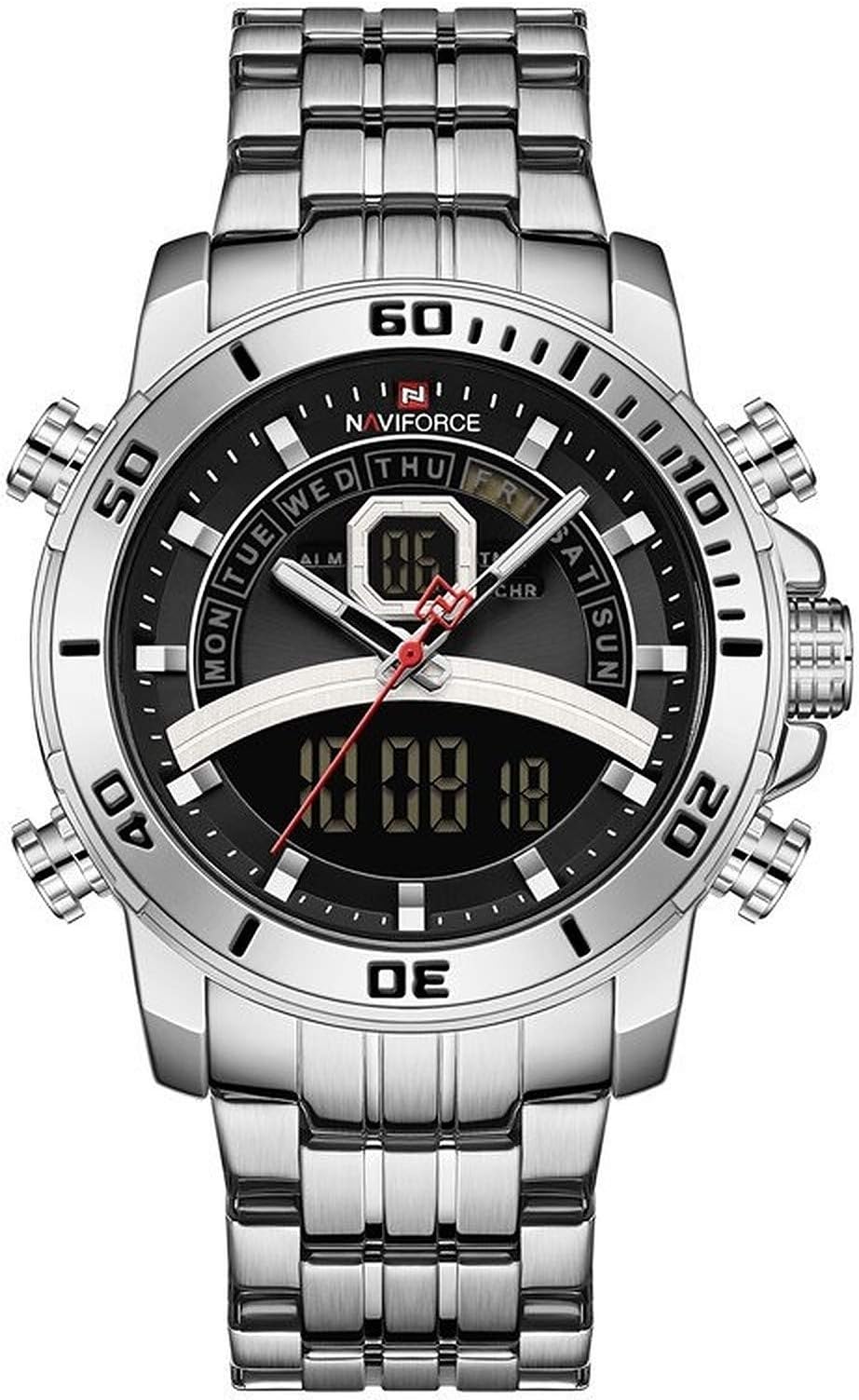NAVIFORCE 9181 Casual Fashion Watches for Men Led Digital Week Display Calendar Stainless Steel Waterproof Luminous Relogio Masculino | (Color:SB)