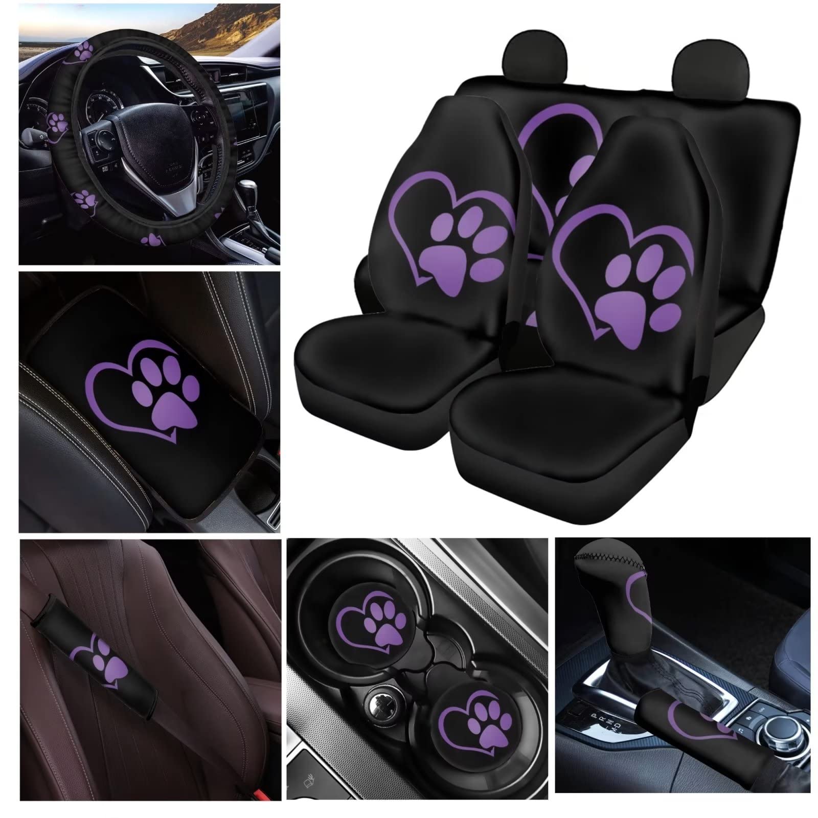 chaqlin Set completo di coprisedili per auto anteriori e posteriori, 12 pezzi universali per interni auto da donna con coprivolante viola, imbottiture per cinture di sicurezza, sottobicchieri