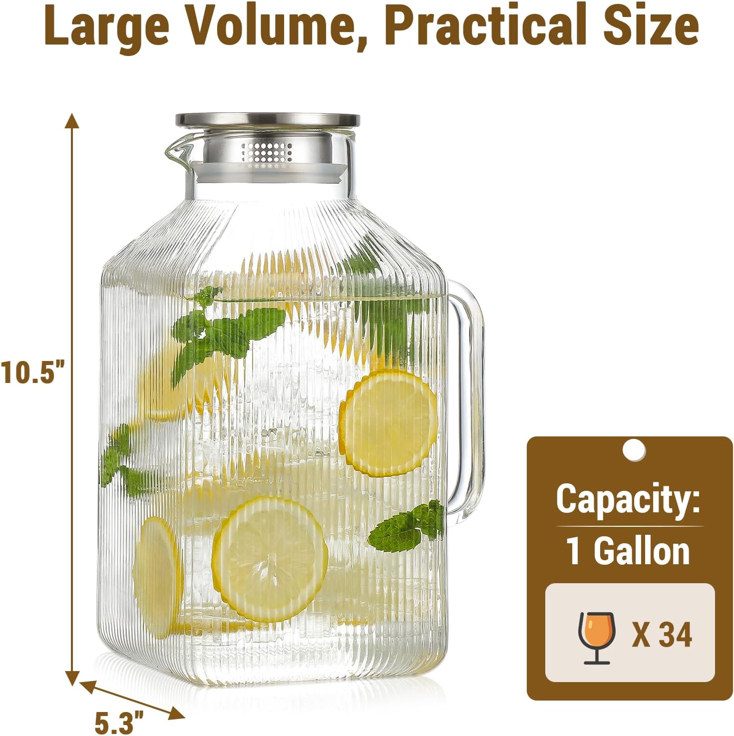 1 Gallon thickened Square Glass Pitcher with Lid, Classic Stripes Water Pitchers for Fridge, Borosilicate Glass Carafe for Hot/Cold Brew Drink, Extra Large Jug with Handle for Iced Tea, Coffee, Juice - Image 3