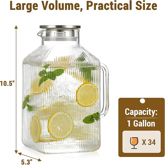 1 Gallon thickened Square Glass Pitcher with Lid, Classic Stripes Water Pitchers for Fridge, Borosilicate Glass Carafe for Hot/Cold Brew Drink, Extra Large Jug with Handle for Iced Tea, Coffee, Juice