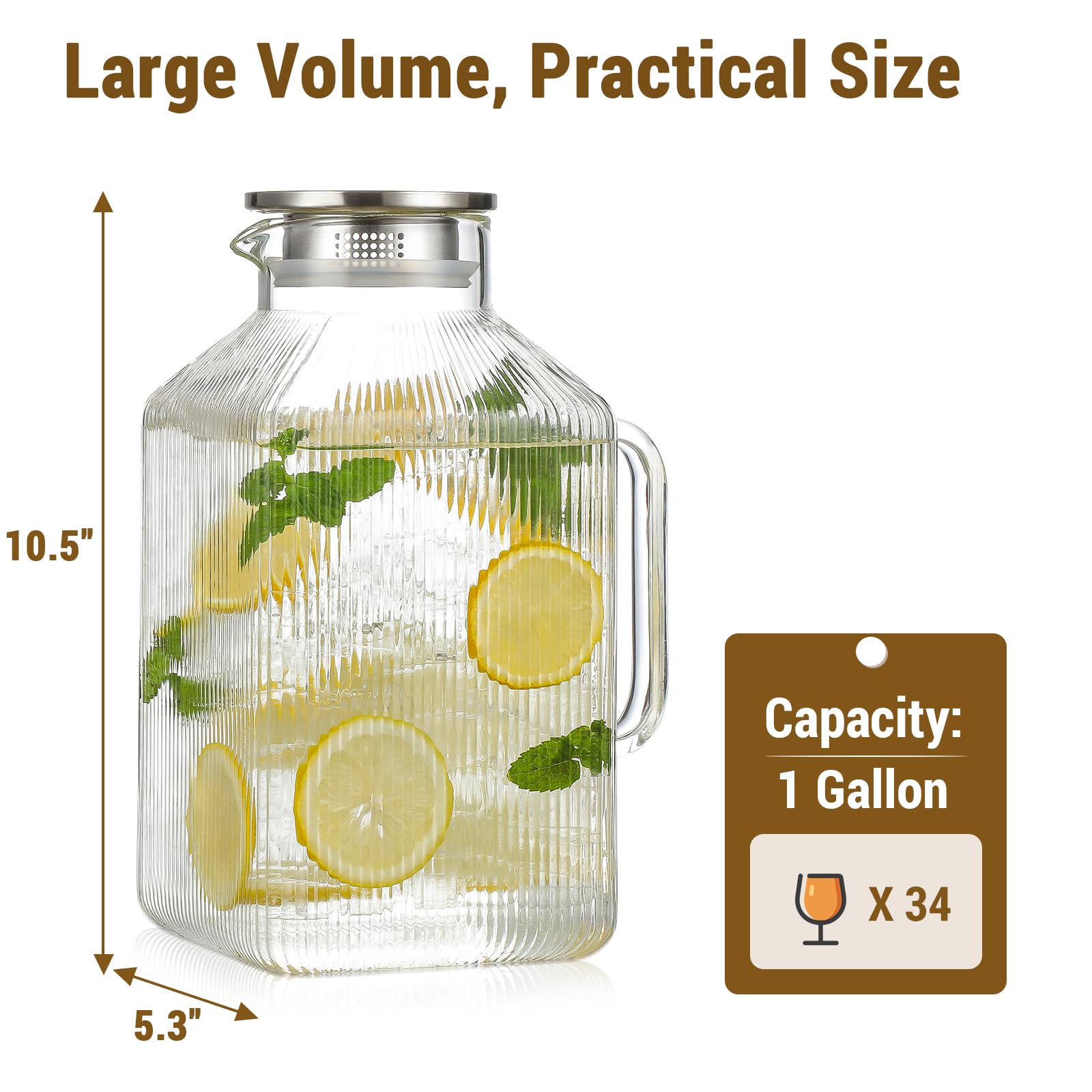 Jarra cuadrada de vidrio grueso de 1 galón con tapa, jarras de agua de rayas clásicas para refrigerador, jarra de vidrio de borosilicato para bebidas calientes y frías, jarra extragrande con asa para