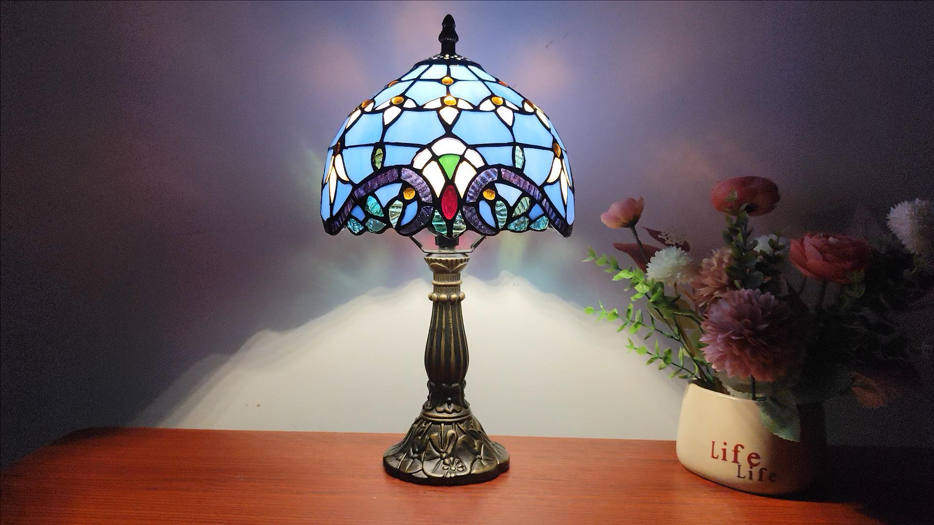 Image of Tiffany Table Lamp 3-Way Light Handmade Bedside Lamp Small Desk Night Lamp Stained Glass Antique 15inch Tall Desk Light for Home Office Bedroom Living Room Study Room, Blue