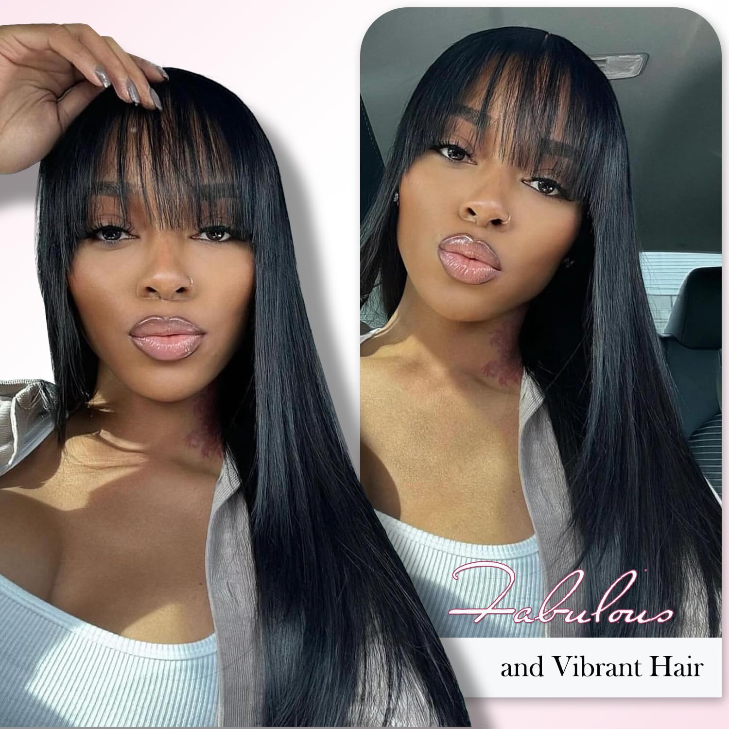 Long Straight Black Real Hair Wig with Bangs, Heat Resistant, Breathable, Capless, Glueless Human Hair Wigs for Daily Party and Costume Use (Black with Bangs)
