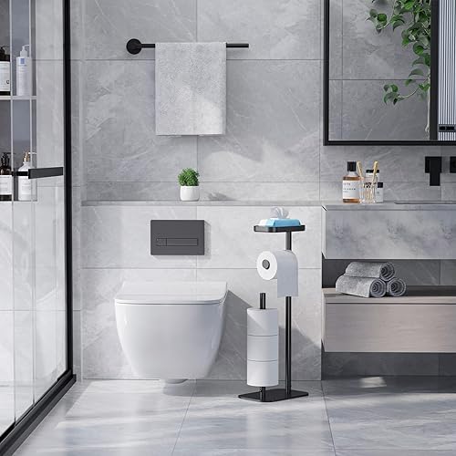 Miniatura 2 de Kitsure Soporte de papel higiénico de pie – Soporte de papel higiénico de metal inoxidable para 4 rollos con base antideslizante y estante para Negro