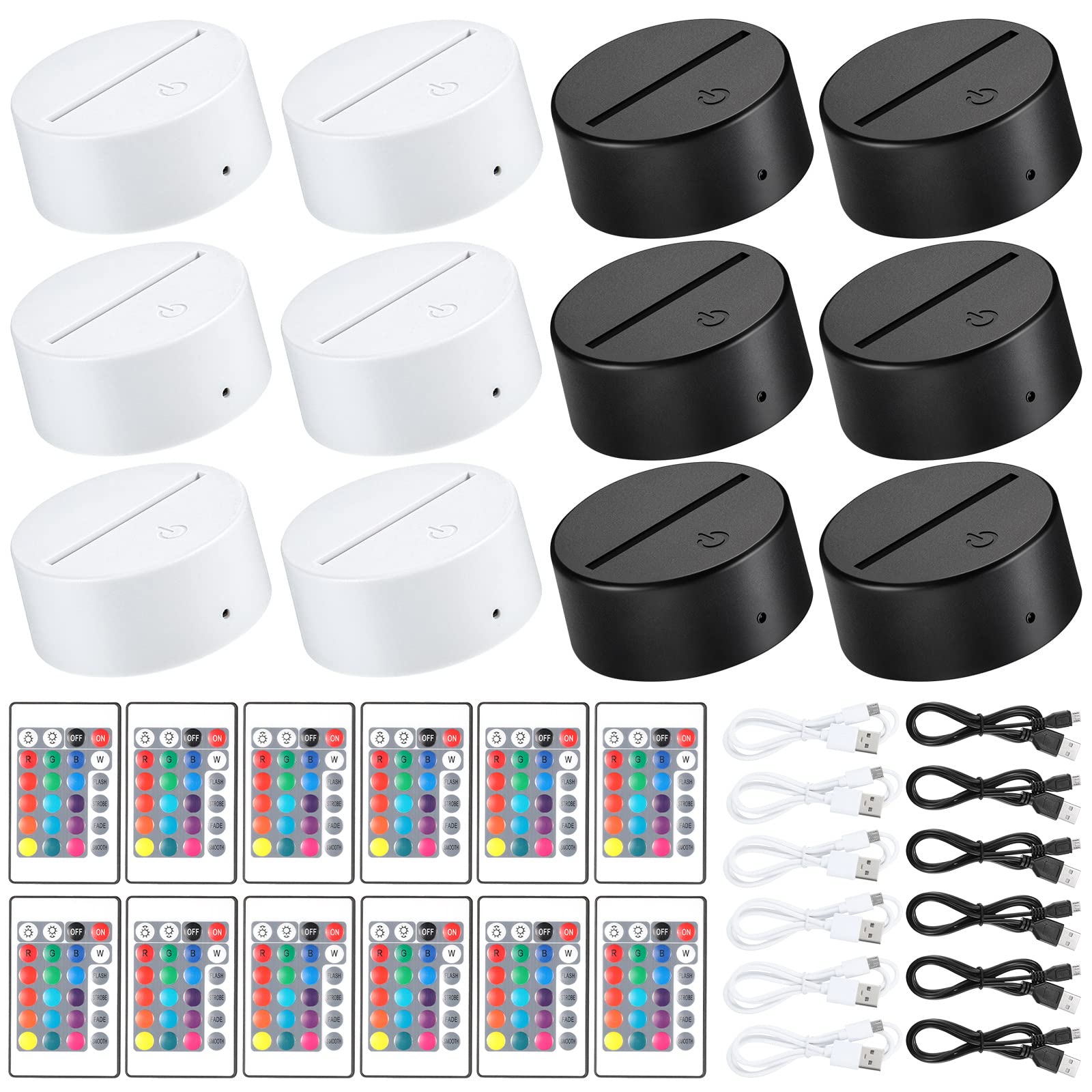 Honoson 12 Sets 3D Night LED Light Lamp Base 16 Colors LED Light Display Base with Remote Control USB Cable for Acrylic and Resin Glass for Restaurant Room(3.35 Inch,Black, White)