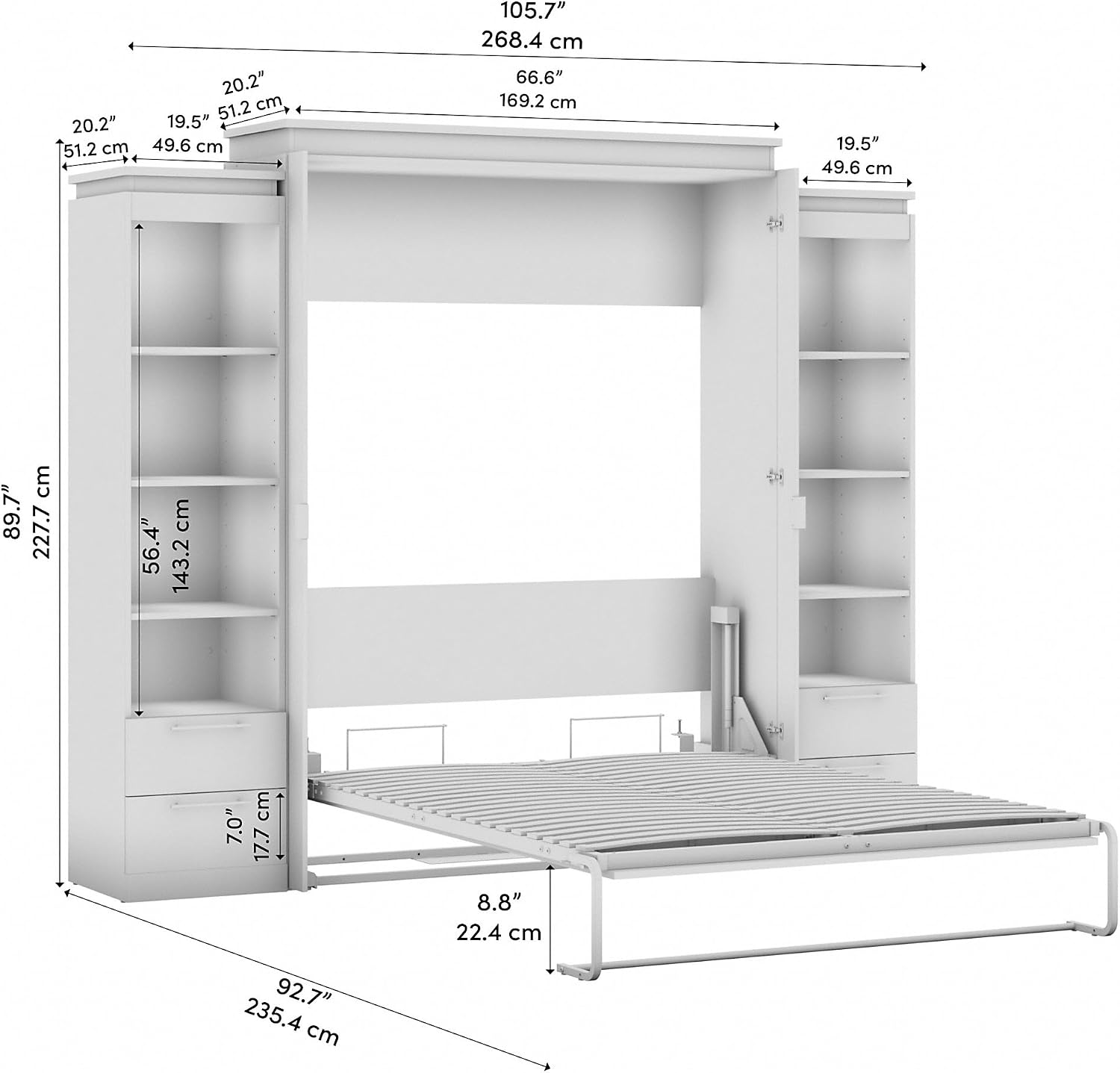 Bestar Orion Queen Murphy Bed with Shelves and Drawers (106W) in Bark Grey and Graphite, Sleeping Arrangement with Storage