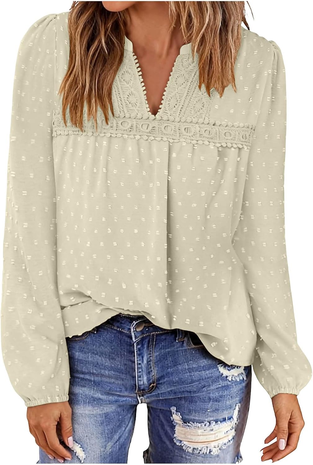 Boho Tops for Women Spring Summer Thin Long Sleeve Shirts Dressy Casual V Neck Fashion Tops Swiss Dot Flowy Blouses