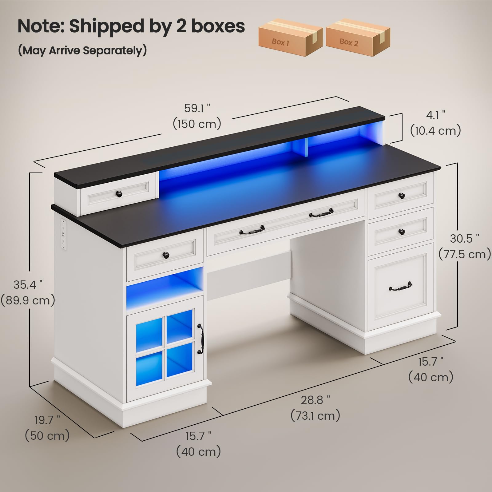 HAUOMS Farmhouse Executive Desk with Drawers Computer Desk with File Drawers, Power Outlet and Led Lights, Executive Office Desk with Storage Cabinet and Monitor Shelf for Home Office,: White