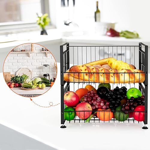 Miniatura 6 de Fashionwu Cesta de frutas de 2 niveles con 4 ganchos extraíbles de plátano frutero para encimera de cocina organizador de almacenamiento de cocina