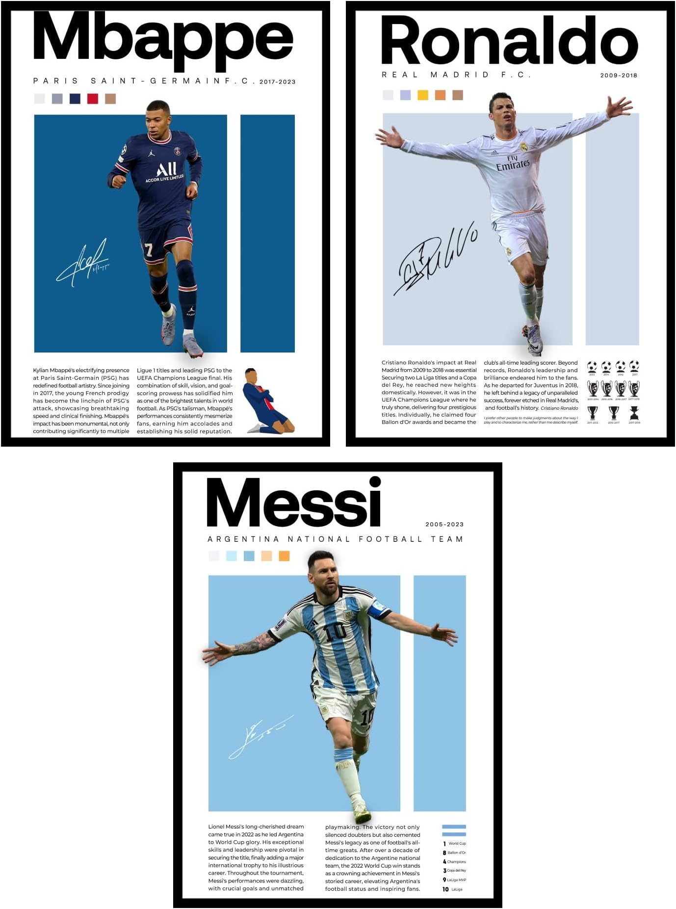 BigWig Prints Soccer Posters for Boys Bedroom - Soccer Player Posters, Decor for Boys Room, Lionel Messi Wall Decor, Cristiano Ronaldo, Mbappe Wall Art - Unframed Set of 3 (12x16”)