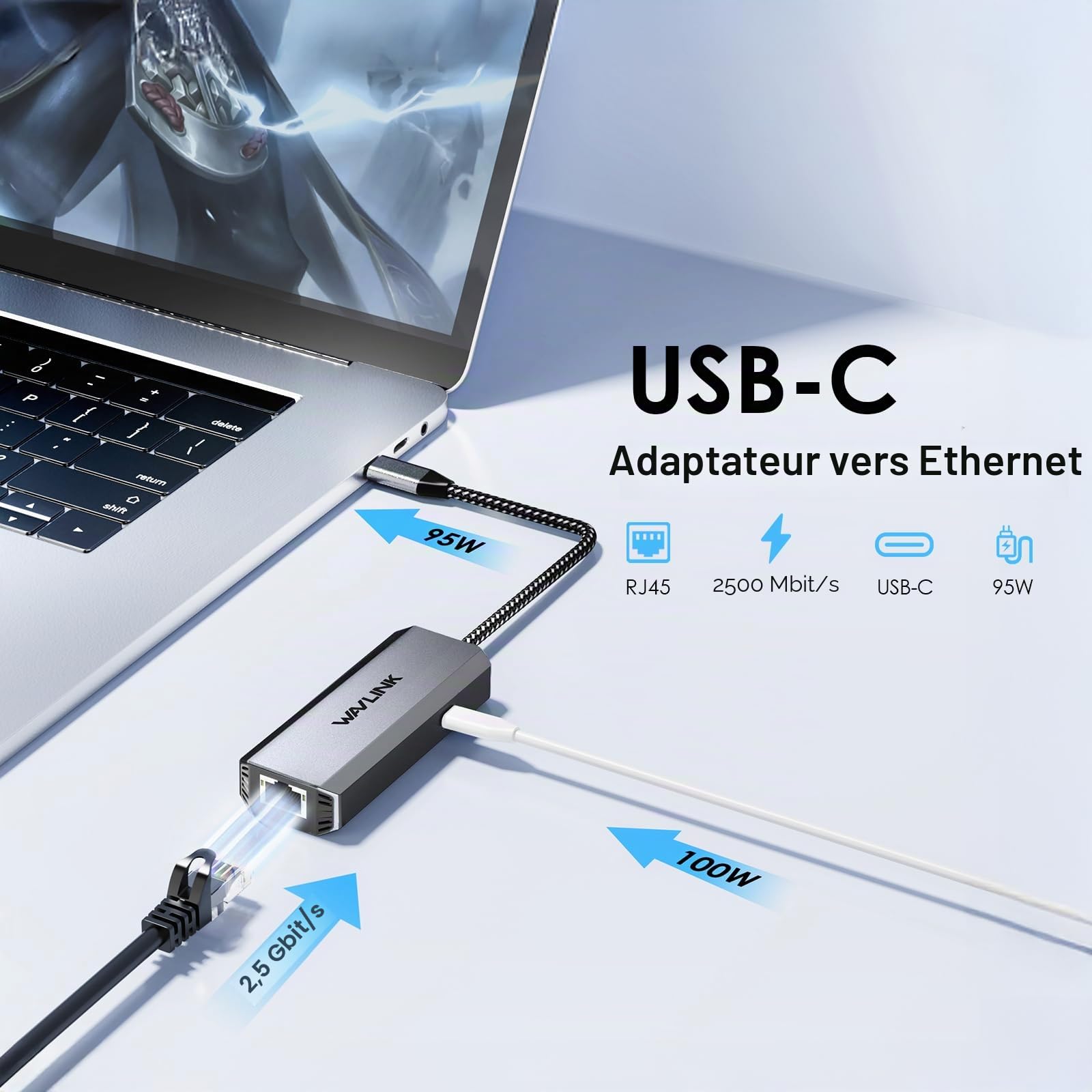 WAVLINK Adaptateur USB-C vers Ethernet, 2.5 Gbps RJ45 Plug and Play Adaptateur réseau, Adaptateur Internet Filaire avec PD 95W, Compatible avec Windows/Mac OS/iOS/Linux/Chrome OS