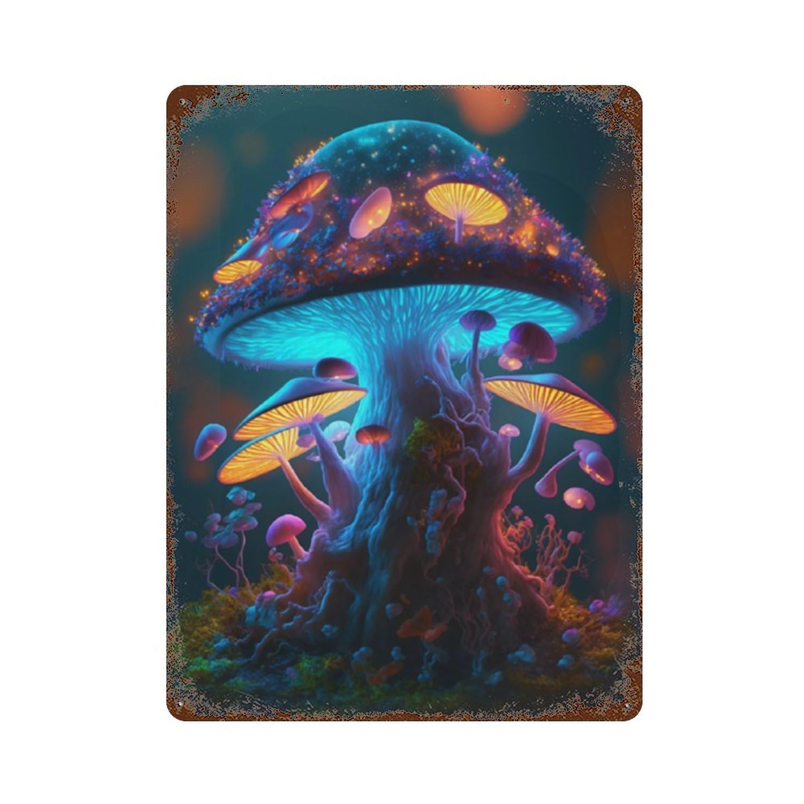 Rust Effect Glowing Fantasy Mushrooms-2 Rusty Metal Tin Sign 15.7"x11.8", Industrial Home Decor for Living Room, Hallway And Home Decor