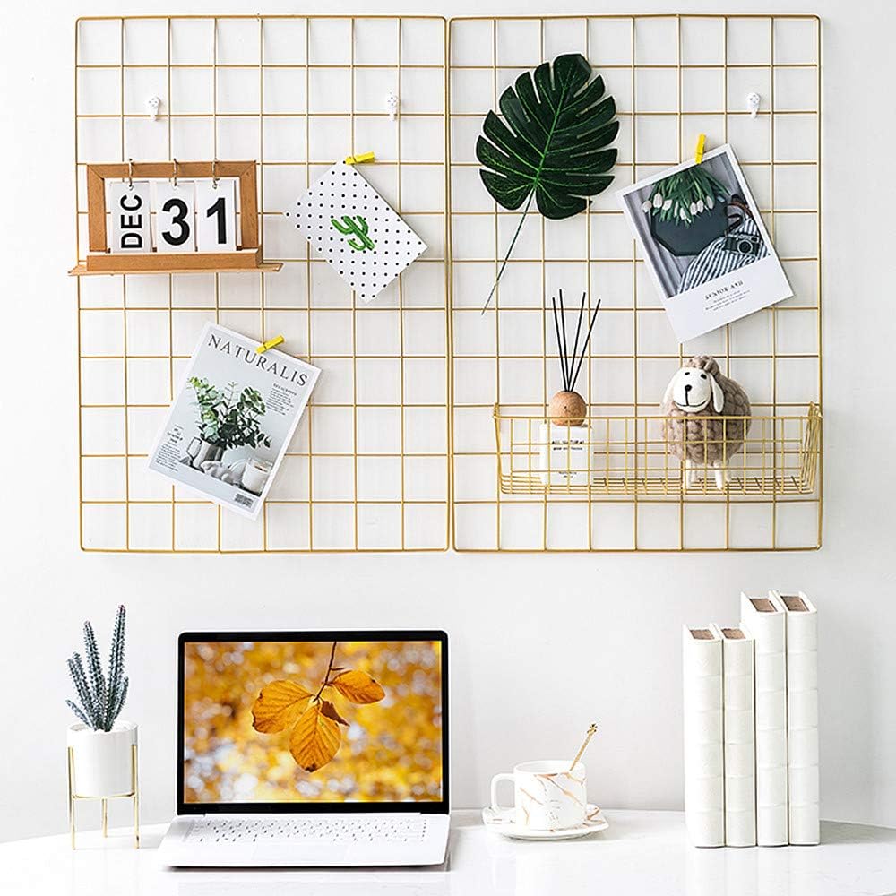 BULYZER Grid Wire Panel Board,Wall Picture Decoration for Room Clip Photo Holder Photograph Mat Hanging Art Display Frames Desk Storage Organizer,25.6'' x 17.7‘’（2Pack） (Gold)