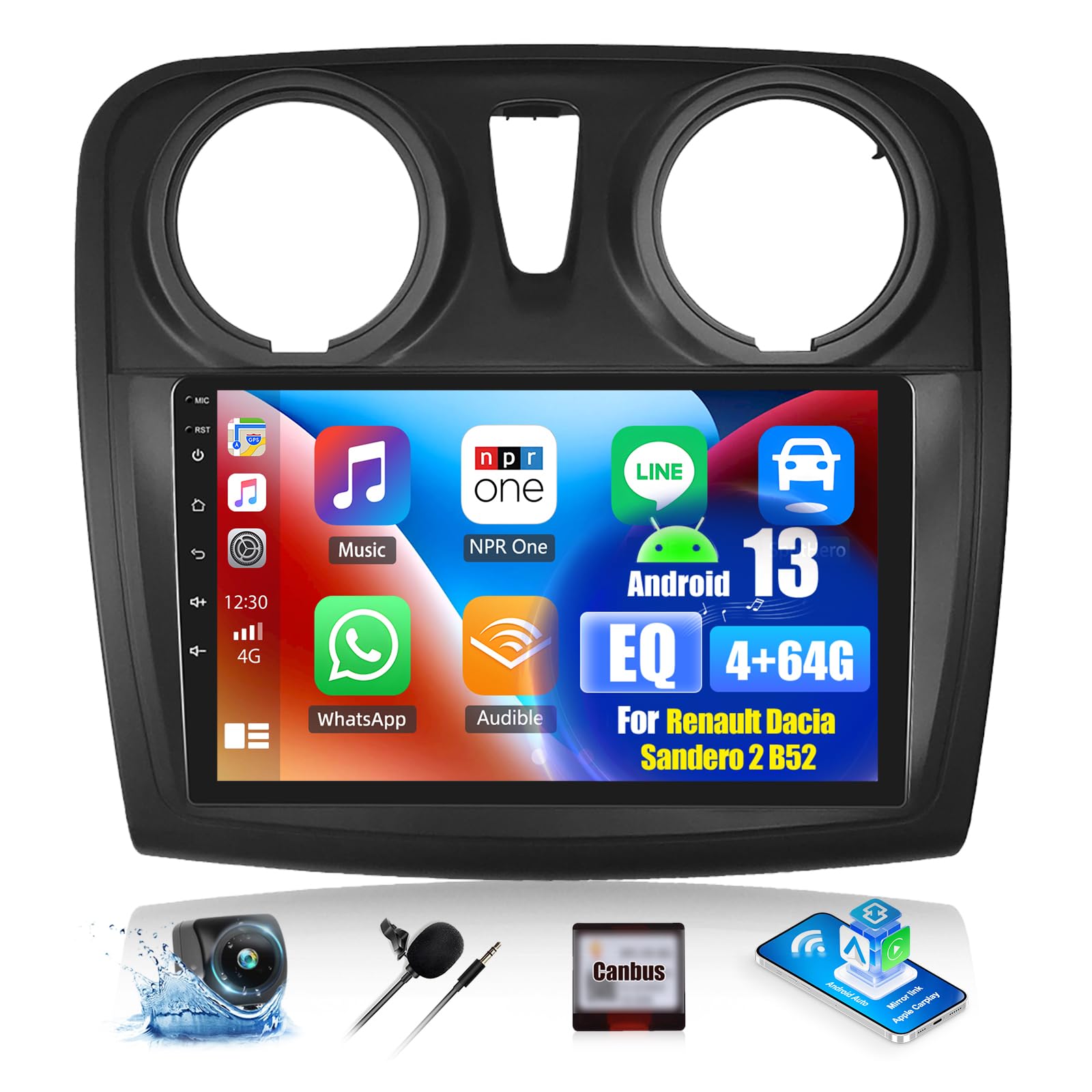 OiLiehu 4G+64G Android 13 2Din CarPlay Android Auto Radio para Renault Dacia Sandero 2 B52 2012-2019 Pantalla Radio Coche 9 Pulgadas Bluetooth GPS FM/RDS WiFi SWC EQ Camara Marcha Atras