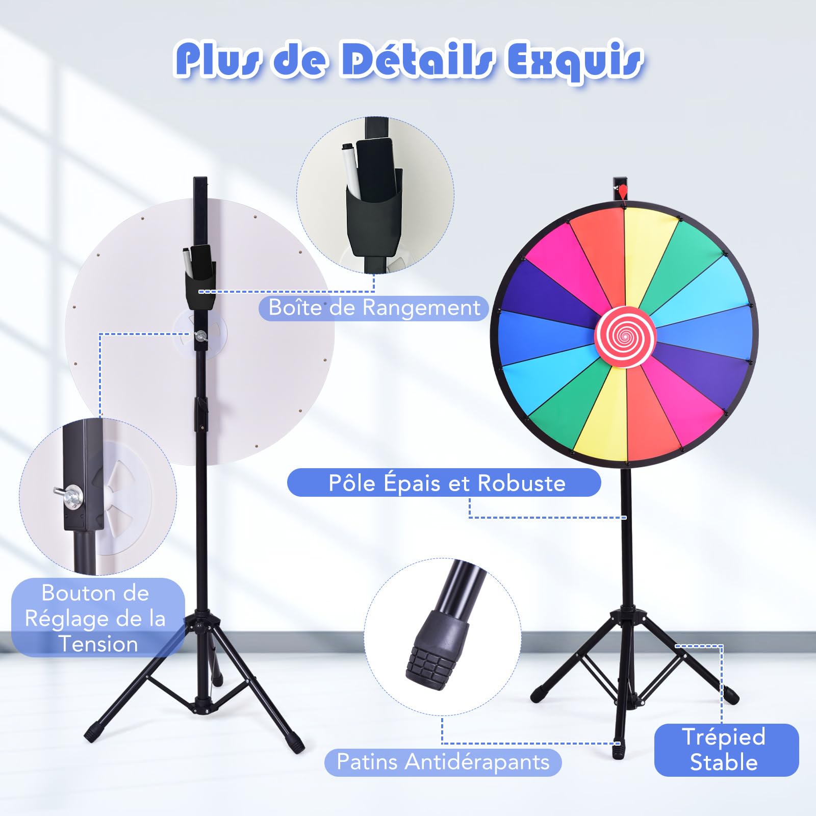 GOPLUS Roue de la Fortune 24 Pouces sur Pied, Prize Wheel 14 Grilles, Hauteur Réglable, avec Stylo Effaçable, Gomme et Pointeur, Trépied Stable et Antidérapant, pour Fêtes, Loterie et Activités