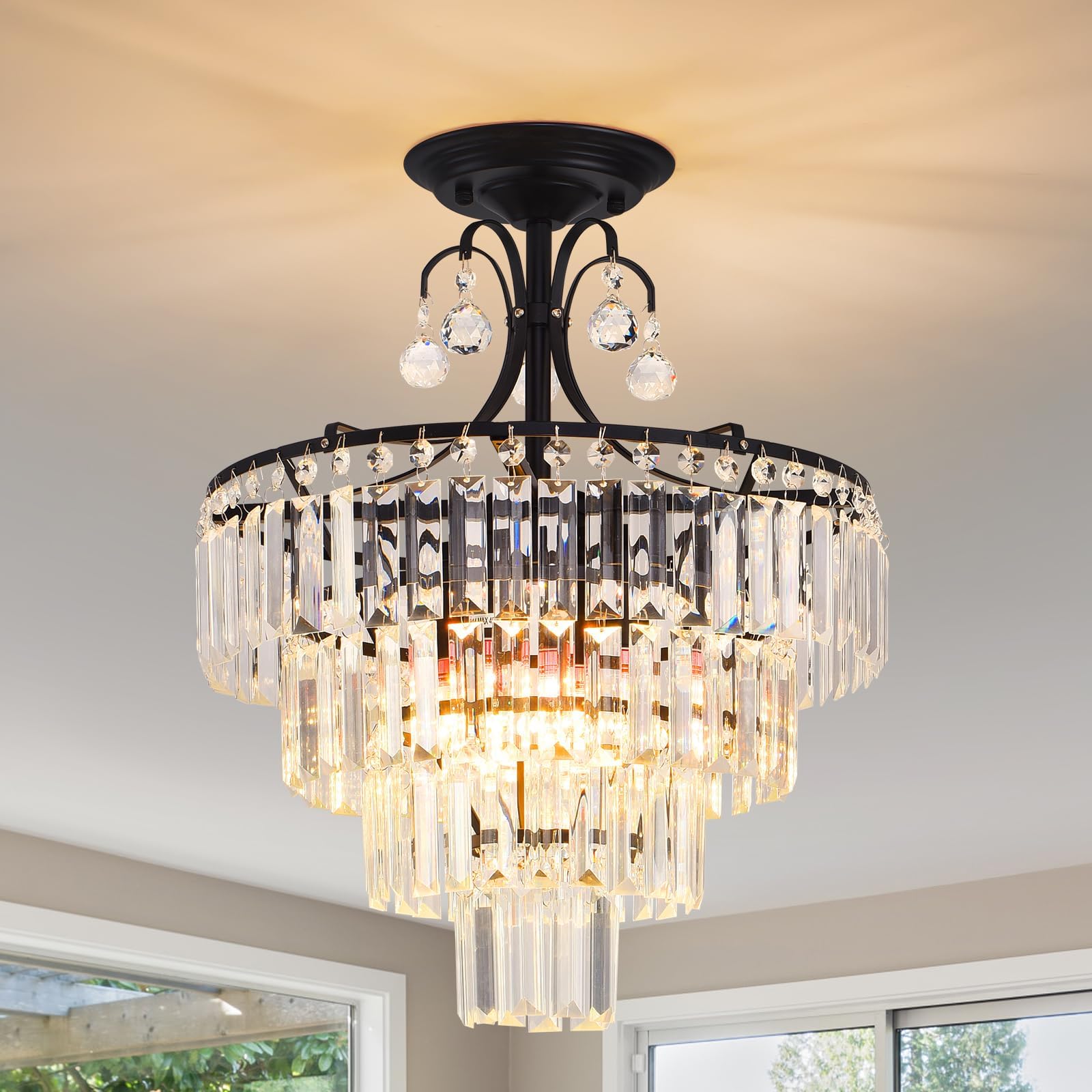 MSSIAN Crystal Round Chandelier Antique Modern Black Semi Flush Mount Ceiling Light Fixture Ceiling Lighting for Living Room Dining Room Bedroom Entryway Foyer Bathroom E14x 4 -Lights D39cm x H50cm
