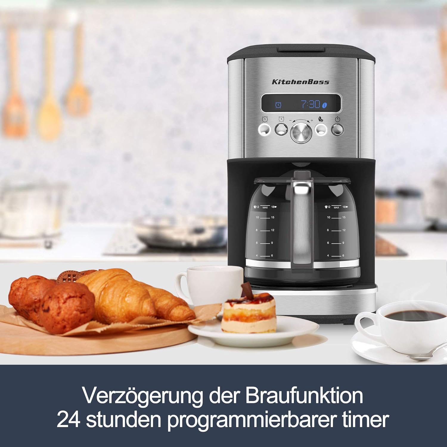 KitchenBoss Drip Coffee Maker with pastries, indicating 24-hour programmable timer