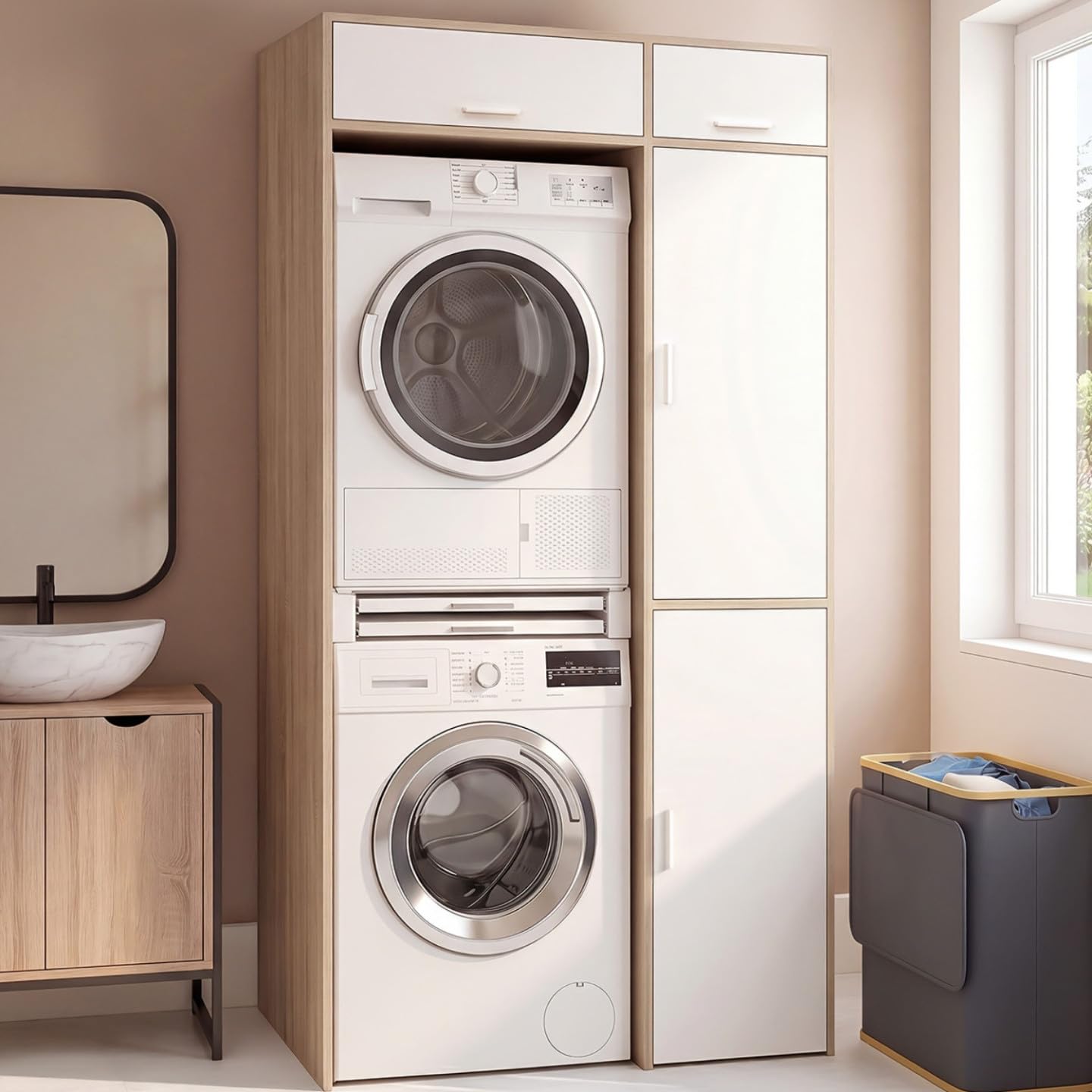 IDMarket Wallis - Mueble de lavandería, lavadora y secadora, con armario de almacenamiento, madera y blanco