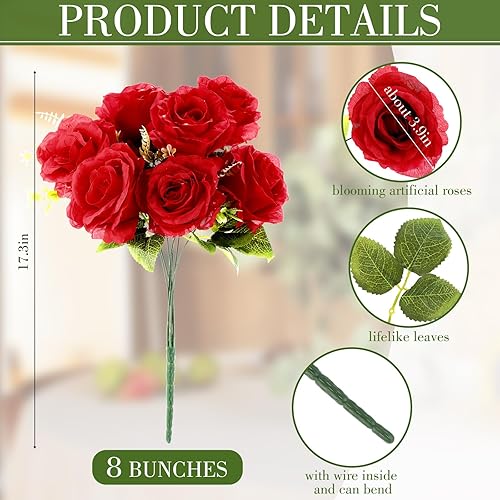 Miniatura 2 de Ramo de 8 racimos de rosas rojas artificiales, 56 cabezas, rosas de seda realistas con tallos para novia, ramo de rosas rojas falsas a granel para