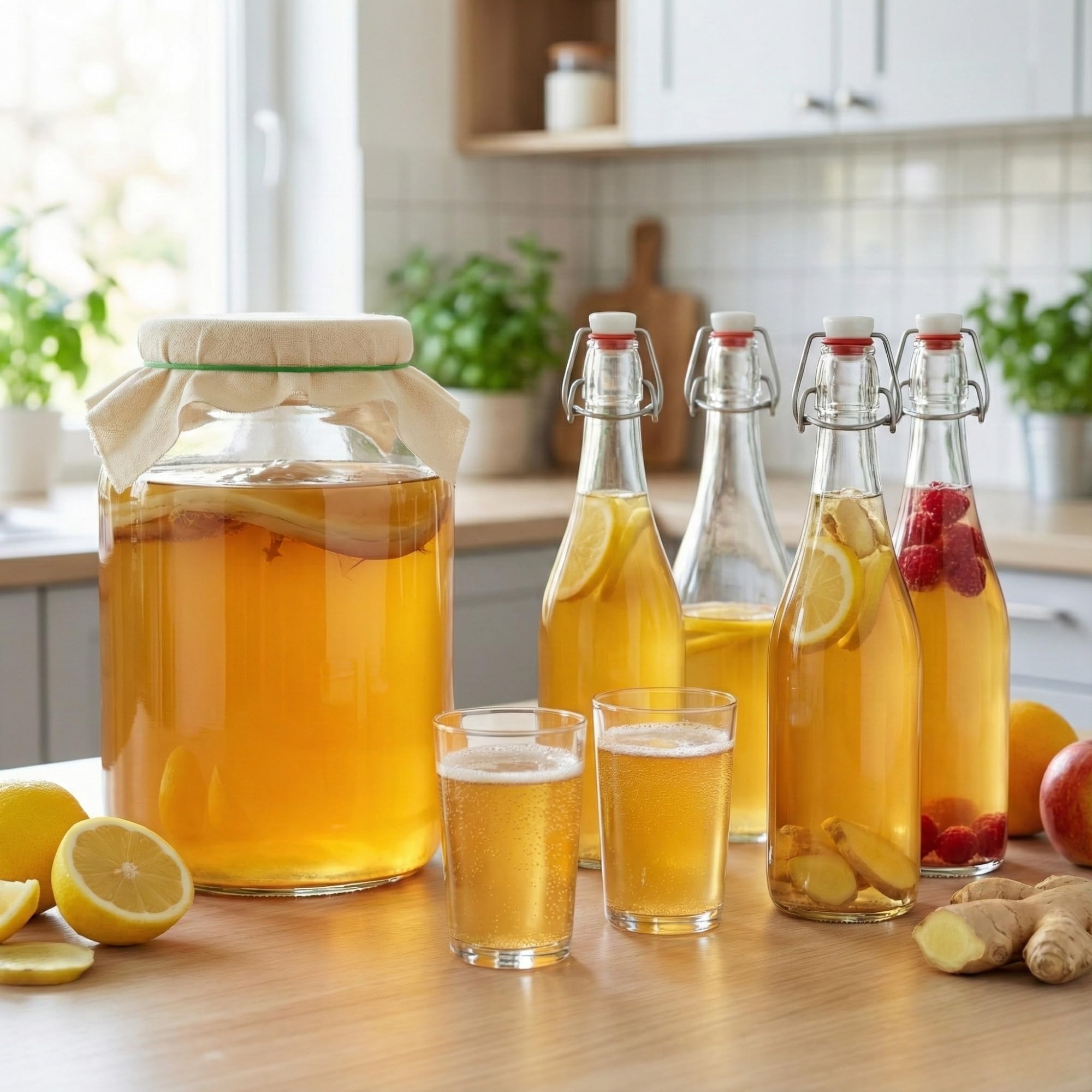 myFERMENTS - Kefir & Kombucha Starter Set | 4,25L Glasgefäß | 6 x 750ml Bügelflaschen | 10cm Trichter & Mulltuch | Fermentationsglas, Farblos, Glas