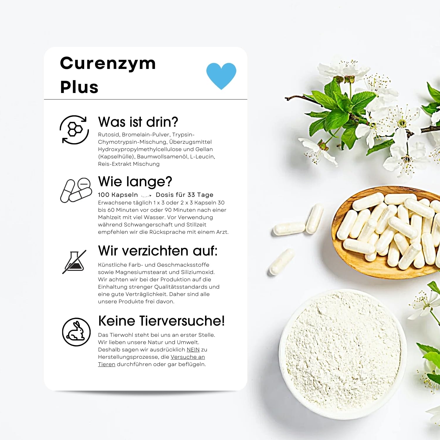 Fair & Pure Curenzym Plus, 100 Kapseln, schluckfreundlich, magensaftresistent, Enzym Komplex mit Bromelain, Trypsin, Chymotrypsin und Rutosid, ohne Magnesiumstearat, made in Germany