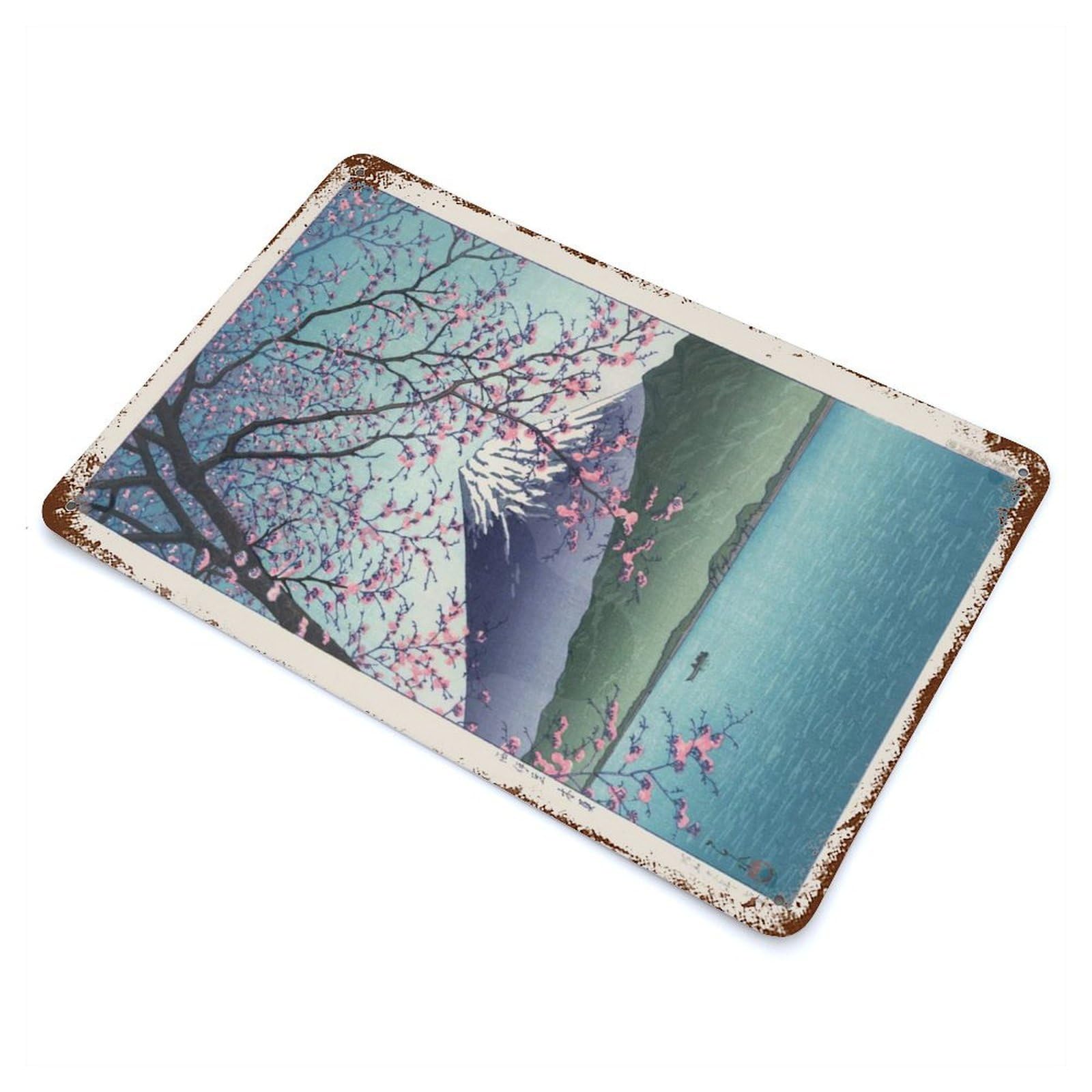 Aged Metal Wall Plaque with Mount Fuji with Cherry Blossoms Design 11.8"x7.9", for Farmhouse, Kitchen And Entryway Decor, Old School Wall Decor
